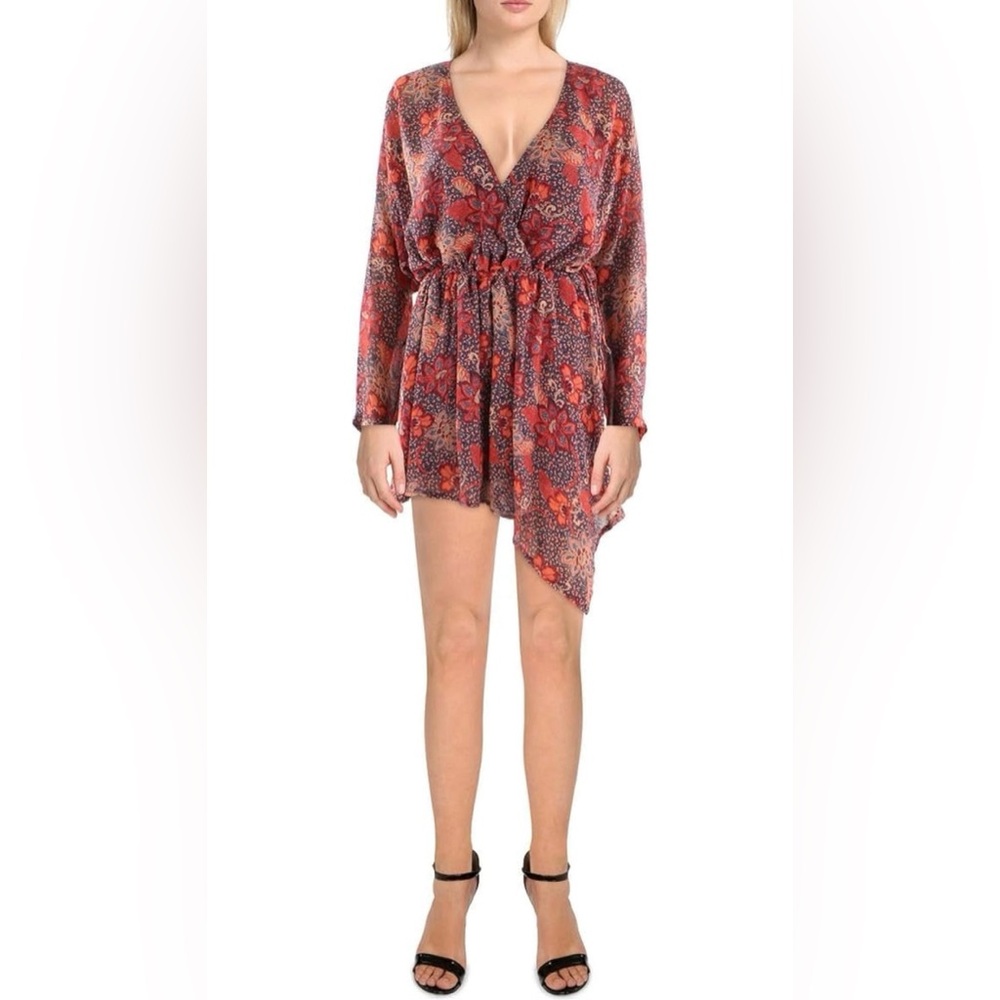 NWT Free People Peach Combo Floral V-Neck Long Sleeve Teegan Mini Dress Size L
